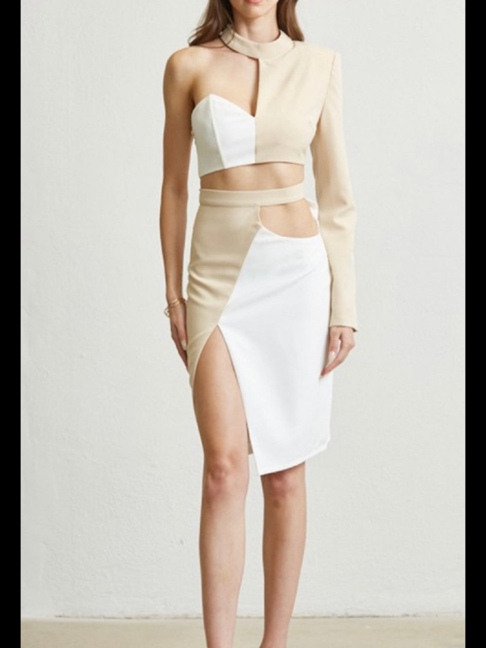 Asymmetric One-Sleeve White and Cream Crop Top & Skirt Set